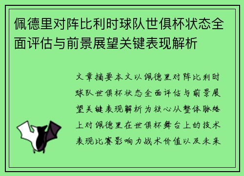 佩德里对阵比利时球队世俱杯状态全面评估与前景展望关键表现解析