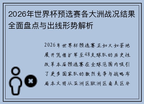 2026年世界杯预选赛各大洲战况结果全面盘点与出线形势解析