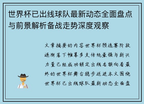 世界杯已出线球队最新动态全面盘点与前景解析备战走势深度观察 世界杯已出线球队最新动态全面盘点与前景解析备战走势深度观察