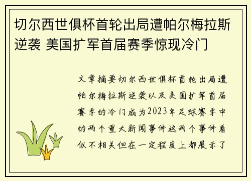 切尔西世俱杯首轮出局遭帕尔梅拉斯逆袭 美国扩军首届赛季惊现冷门