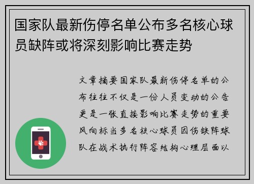 国家队最新伤停名单公布多名核心球员缺阵或将深刻影响比赛走势